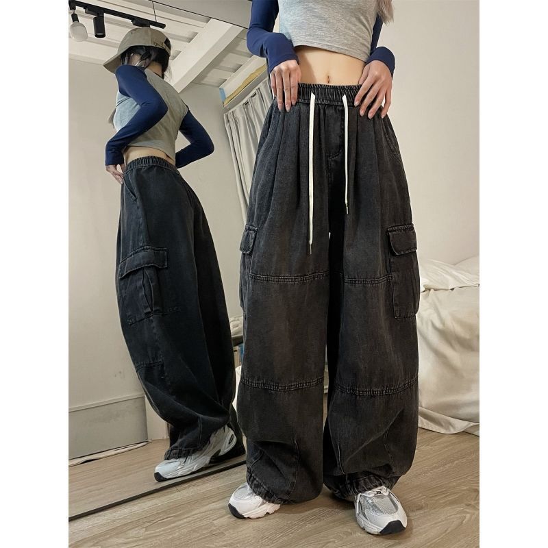 Four Season Women Loose Retro Jeans Tooling Wide-leg Loose Mopping Pants Hip-hop Hiphop Casual Pants