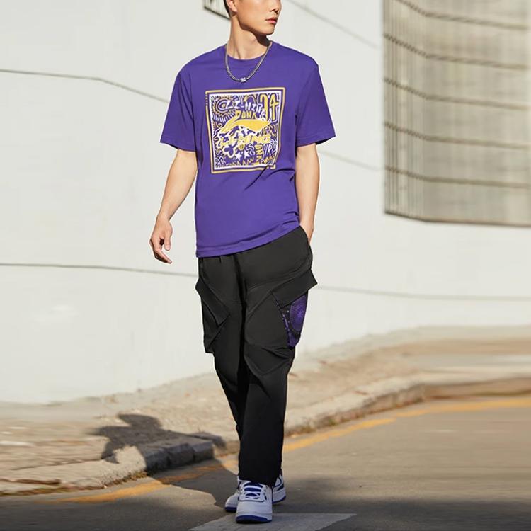 Li Ning Sports Basketball Series Logo Print Round Neck Short Sleeve T-Shirt Men Tops Purple AHSS597-5