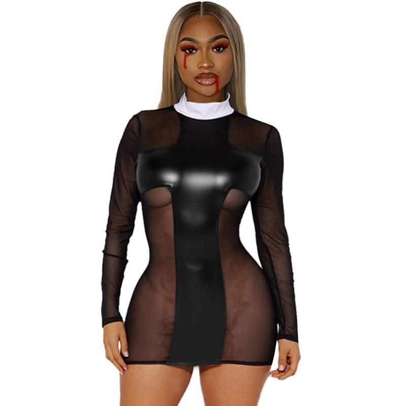 Autumn 2023 European & American Women's Mesh Spliced PU Leather Dress