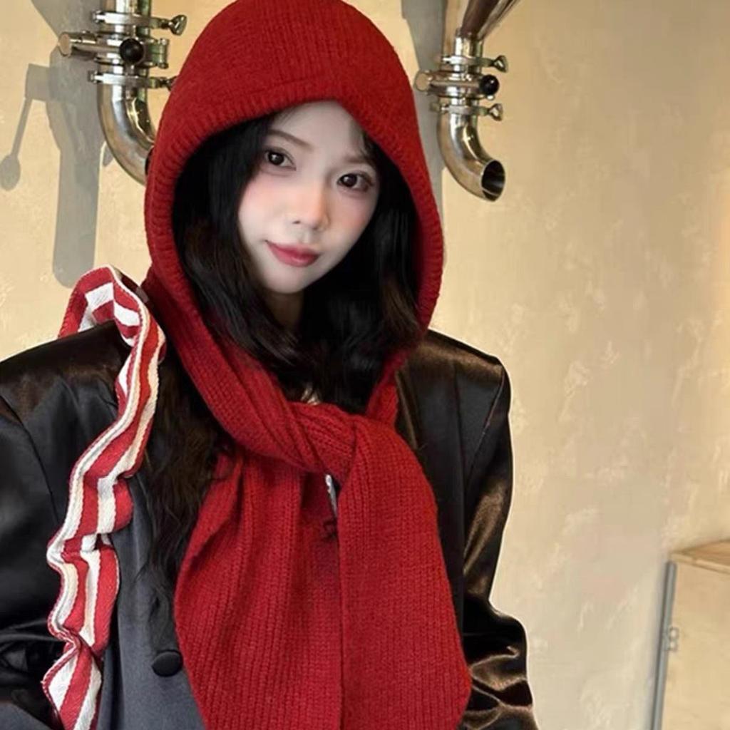 Wool knitted balaclava hat women's autumn and winter shawl hat big head circumference ear protection hat scarf integrated