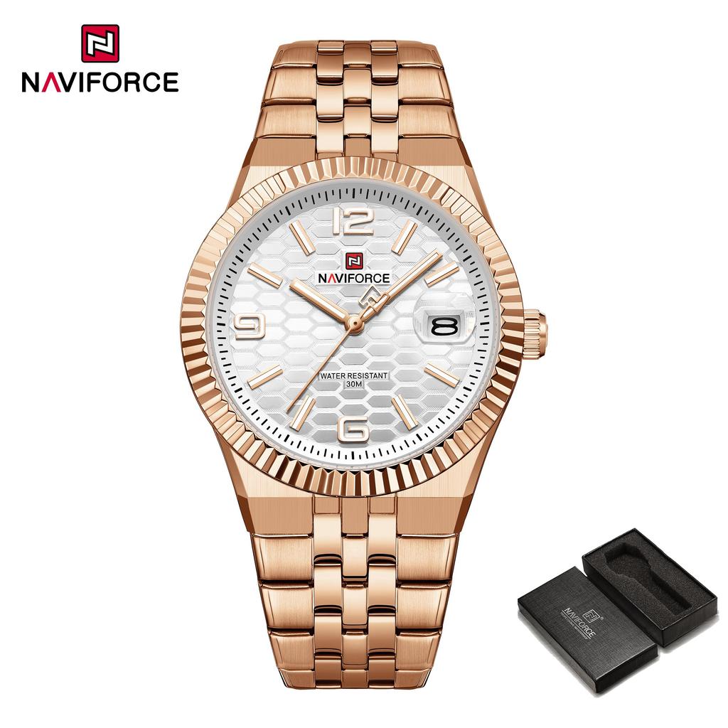 NAVIFORCE Original Men Quartz Watch Calendar Stainless Steel Strap Luminous Hands Honeycomb Dial Design Waterproof 3ATM Men Watch NF9277