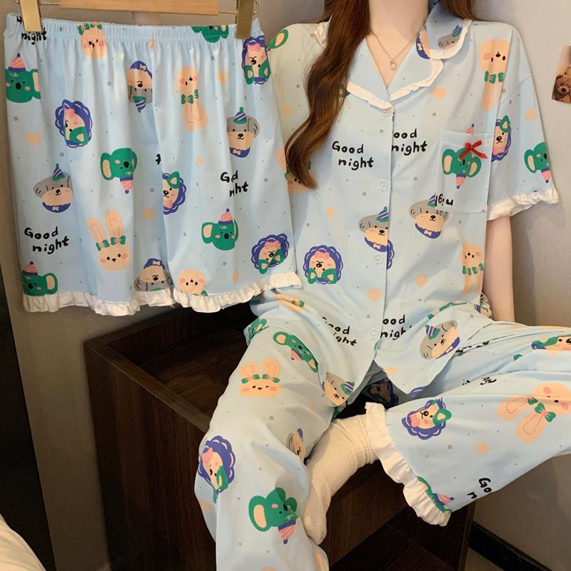 Cute cute pet party pajamas women's summer imitation cotton short-sleeved three-piece cartoon thin loungewear can be worn outside