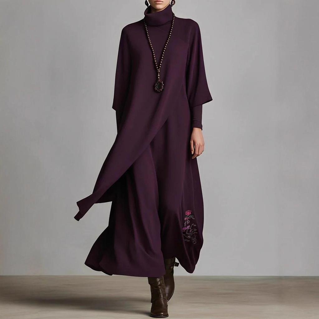 Women's European & American Embroidered Solid Color Long Sleeve Loose Autumn Dress Skirt