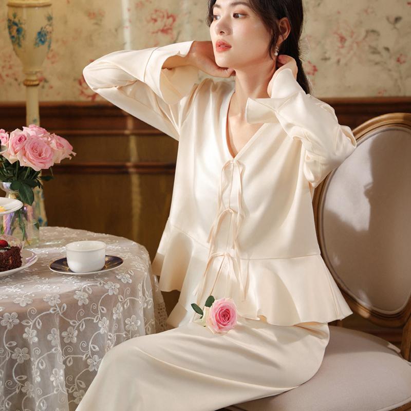 

Женская сексуальная пижама с глубоким V-образным вырезом, пижама в дворцовом стиле, свободная повседневная домашняя одежда, однотонный атласный пижамный комплект XL