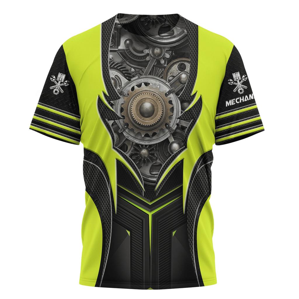 Mechanic 3D Printed Short Sleeved T-shirt Summer Breathable Polyester Simple Round Neck Top