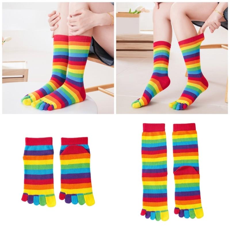 Calzini da Donna a Dita Autunno Inverno Colorati a Strisce Arcobaleno Calzini a Cinque Dita Assorbi Sudore Traspiranti Calzini a Tubo Medio