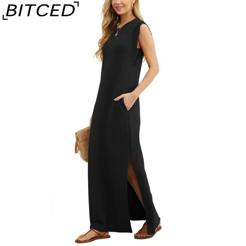 BITCED Women's Summer Solid-Colour Casual Loose-Fit Pocket Dress Long Dress