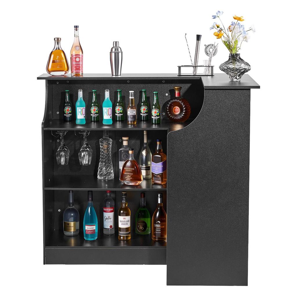 Home Bar Unit, L-Shaped Wine Bar Cabinet Table 4-Tier with Storage Shelves, Wine Glass Holder, 136 Kg Max Capacity, Wood Liquor Cabinet for Home,