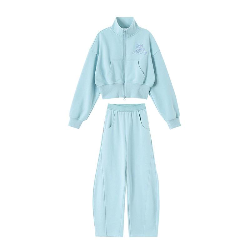 Wiosna Jesień Dziewczęca Bawełniana Bluza Rozpinana na Zamek Błyskawiczny Crop Top Kurtka Treningowa + Spodnie Dresowe Szkolne Dziecięcy Komplet Jogger 5-16 Lat