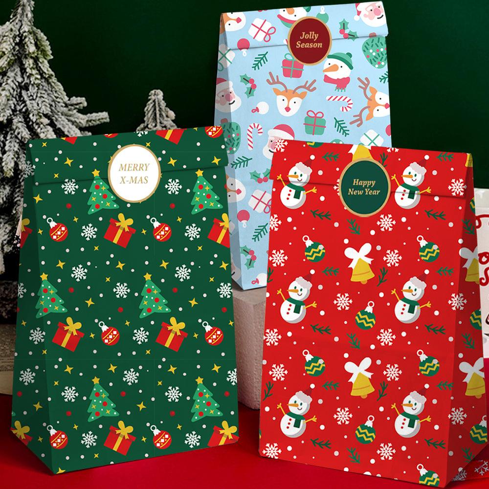 12 Pcs Christmas Gift Bags, Santa Design Kraft Paper Bags with Stickers, Flat Paper Bags for Holiday Gift Wrapping Party