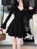 Elegant V-Neck Slim-Fit Knitted Dress for Women – Petite, Waist-Cinching A-Line Skirt, Perfect for Spring & Autumn as an Inner or Base Layer