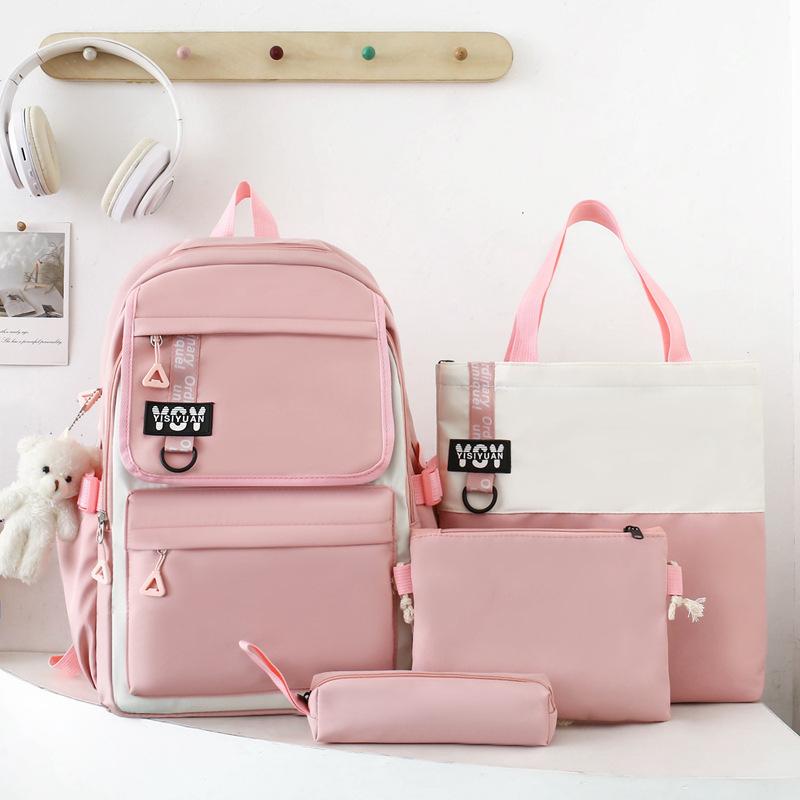 School Bag Large Capacity Four-piece Set Durable Student Backpack Junior High School School Bag Female Simple Going Out Casual Versatile