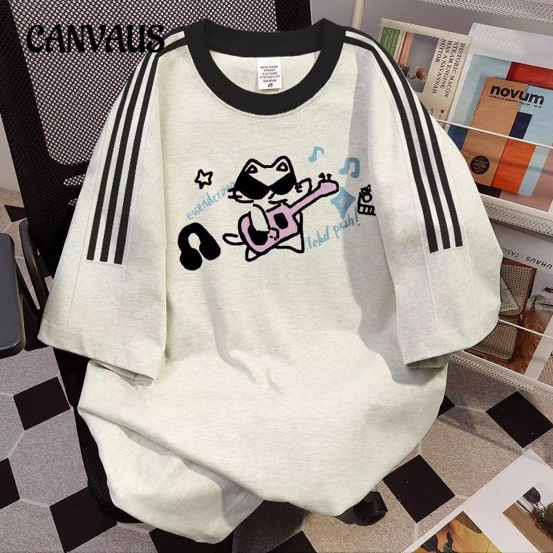 Women's Summer New Loose Three Stripes with Cartoon Cat Print Short Sleeved Top