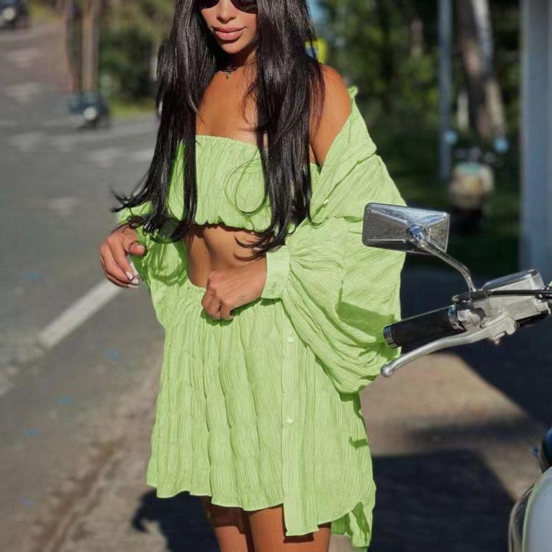 Fashion Loose Shirt Tube Top Shorts Three-Piece Suit Three Pieces Piece Shirt Set Shorts