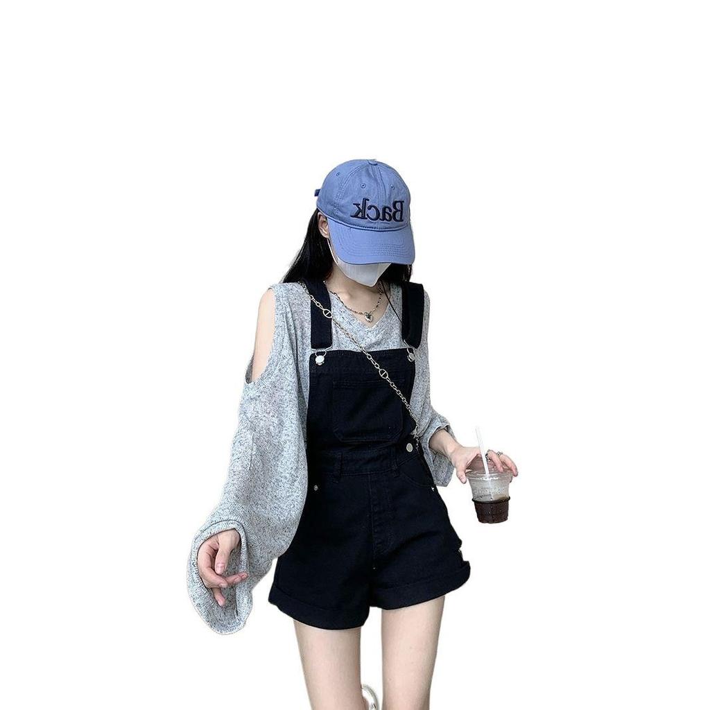 Off-Shoulder Sun Protection Shirt & Versatile Denim Overall Shorts for Women
