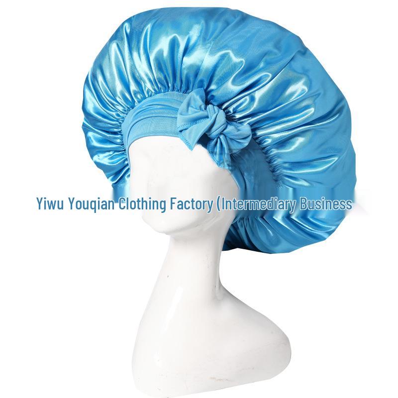 Elastische Schlaf- und Duschhaube aus Satin mit breiter Krempe für Damen – einfarbig, Größe L