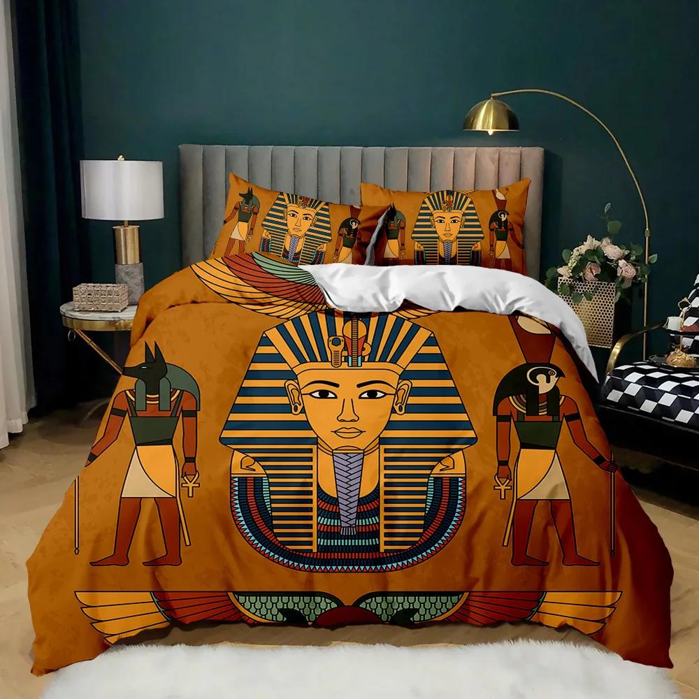Pharaoh Bedding Sets,King Size 3D Ancient Egypt Tribe Decor Comforter Cover Set For Adult Egyptian Pyramid Polyester Duvet Cover