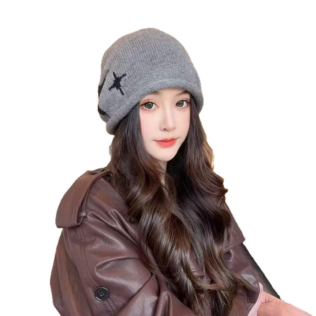 Curled Edge Drawstring Star Beanie for Women, Autumn and Winter Korean Style, Face Slimming, Warm Ear Protection Hat, Women's Cold Weather Cap, Head