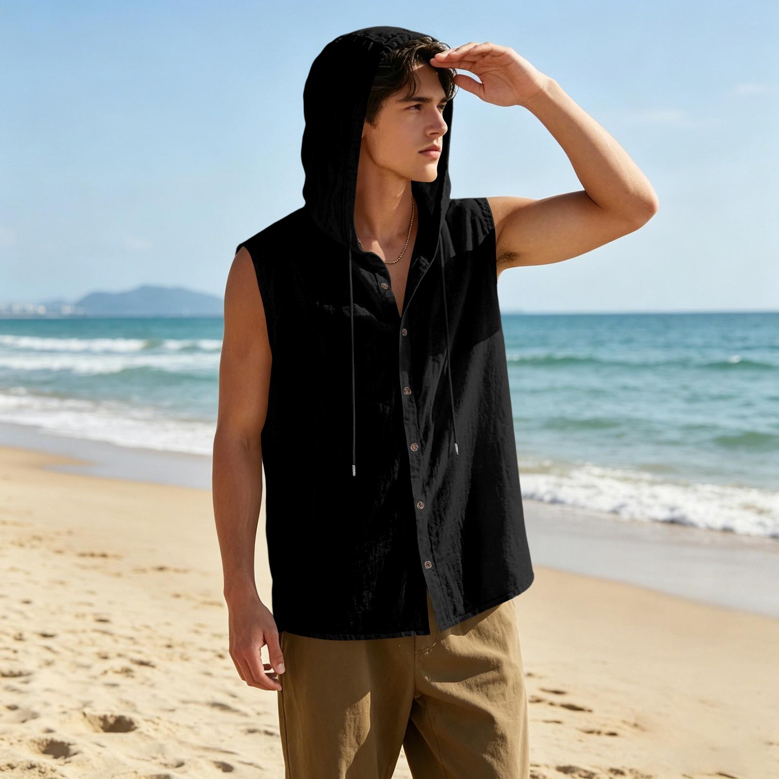 

Mens Sleeveless Linen Hooded Shirt Button Down Breathable Relaxed Fit Casual Vest Top Lightweight Summer Apparel XL