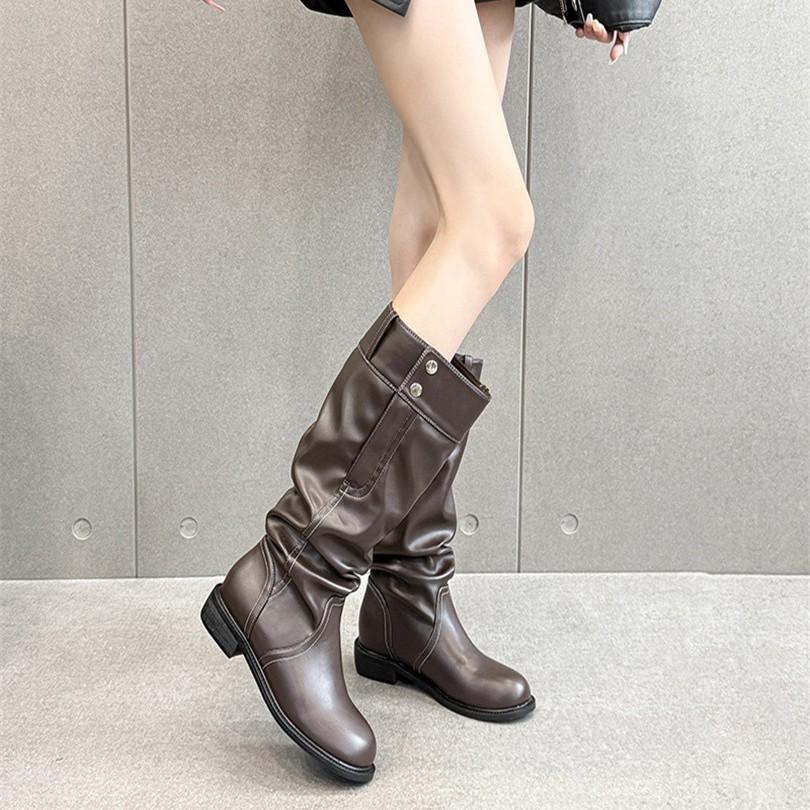 British Style Pleated Piled Boots, Women's Knees Are Thin, Big Tube Circumference Boots, Thick Heel Thick Knight Boots