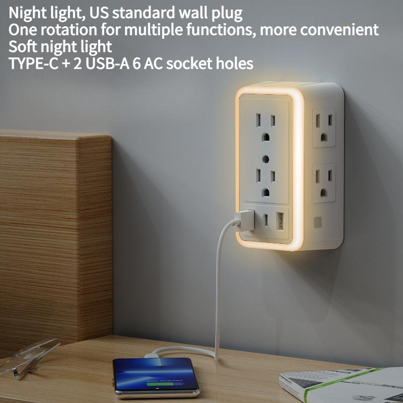 1PC new surge socket US standard USB power strip light sensing night light 6 hole expander 2.4A household US standard wall plug socket