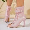 Tie Hairtail Fish Mouth Cold Boots Women Summer Block Heel Cutout Patent Leather Booties High Heels Sandals