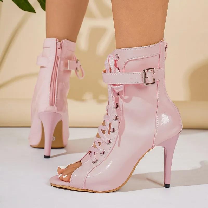 Tie Hairtail Fish Mouth Cold Boots Women Summer Block Heel Cutout Patent Leather Booties High Heels Sandals