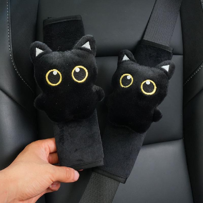 2PCS Cute Black Cat Plush Car Seat Belt Shoulder Protector Cover, Soft Anti‑Strain Safety‑Belt Cushion, Universal Stylish Auto