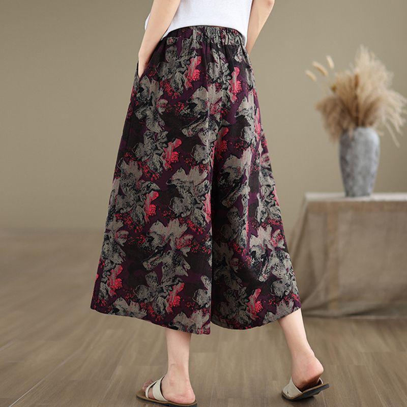 Ethnic Style Ice Silk Floral Wide Leg Pants Summer Loose Casual Seven Quarter Straight Leg Pants