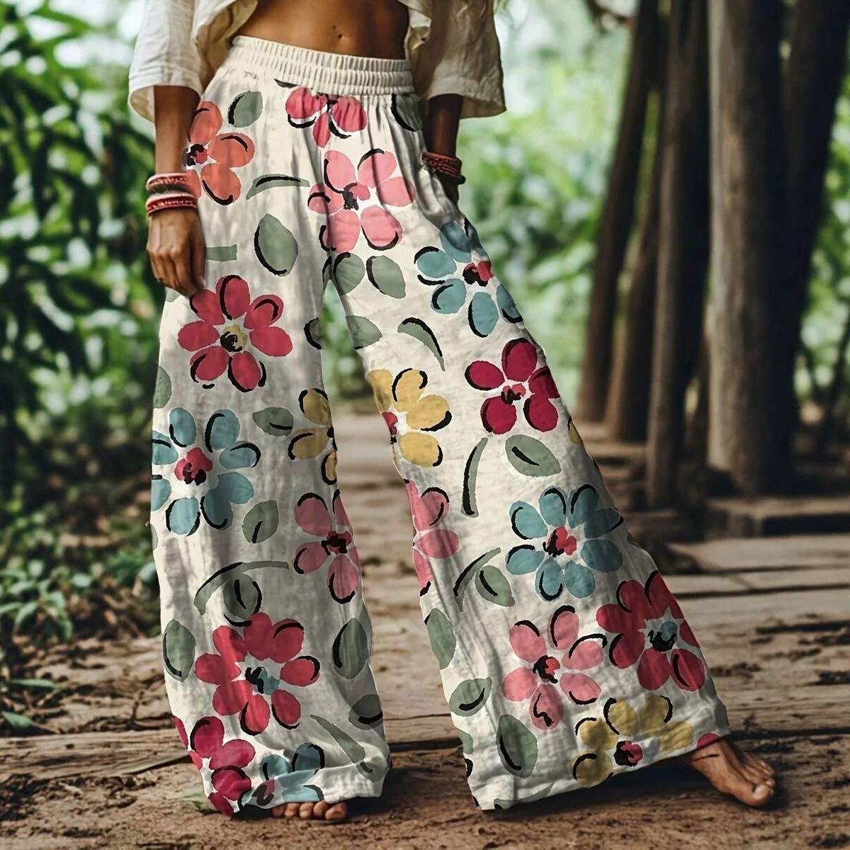 Womens Bohemian Printed High Waist Wide Leg Pants S