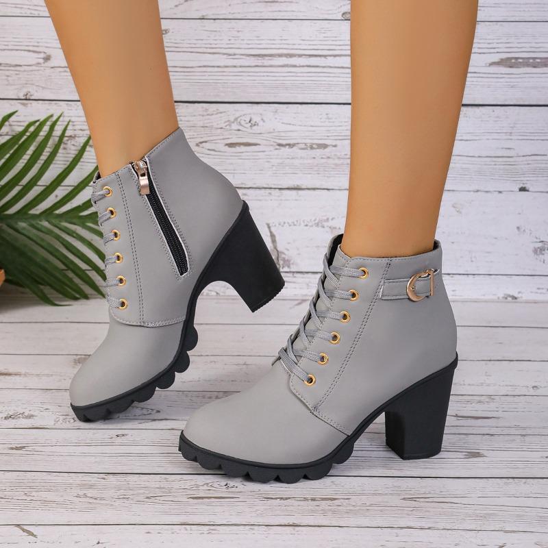 Fashion Spring New Chunky Single Boots Women's Fashion Round Head Deep Cut Front Lacing Side Zipper Platform Heels