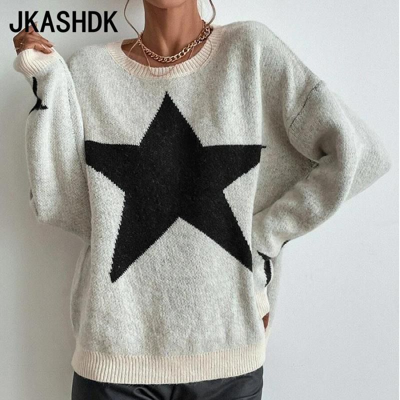 JKASHDK Damenmode Casual Pentagram Print Herbst Winter Langarm O-Ausschnitt Pullover