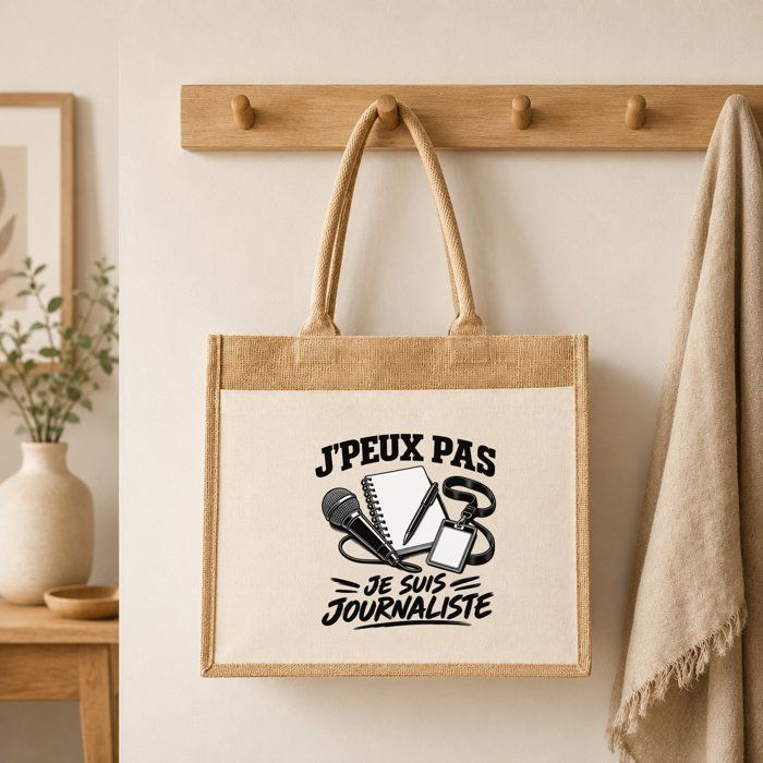 Sac Cabas Jute avec Poche J’peux pas je suis Journaliste J'peux pas minimaliste | Toile de Jute et Coton 21 L Fond Plat Anses 65 cm