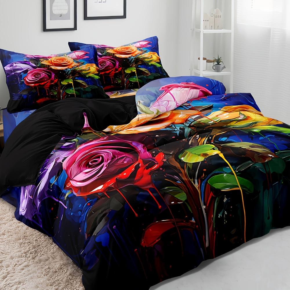 

3Pcs Watercolor Floral Print Quilt Cover Set, Breathable Polyester Bedding With Zipper Closure, Machine Washable Duvet Cover Set&EU Single(135x200cm)