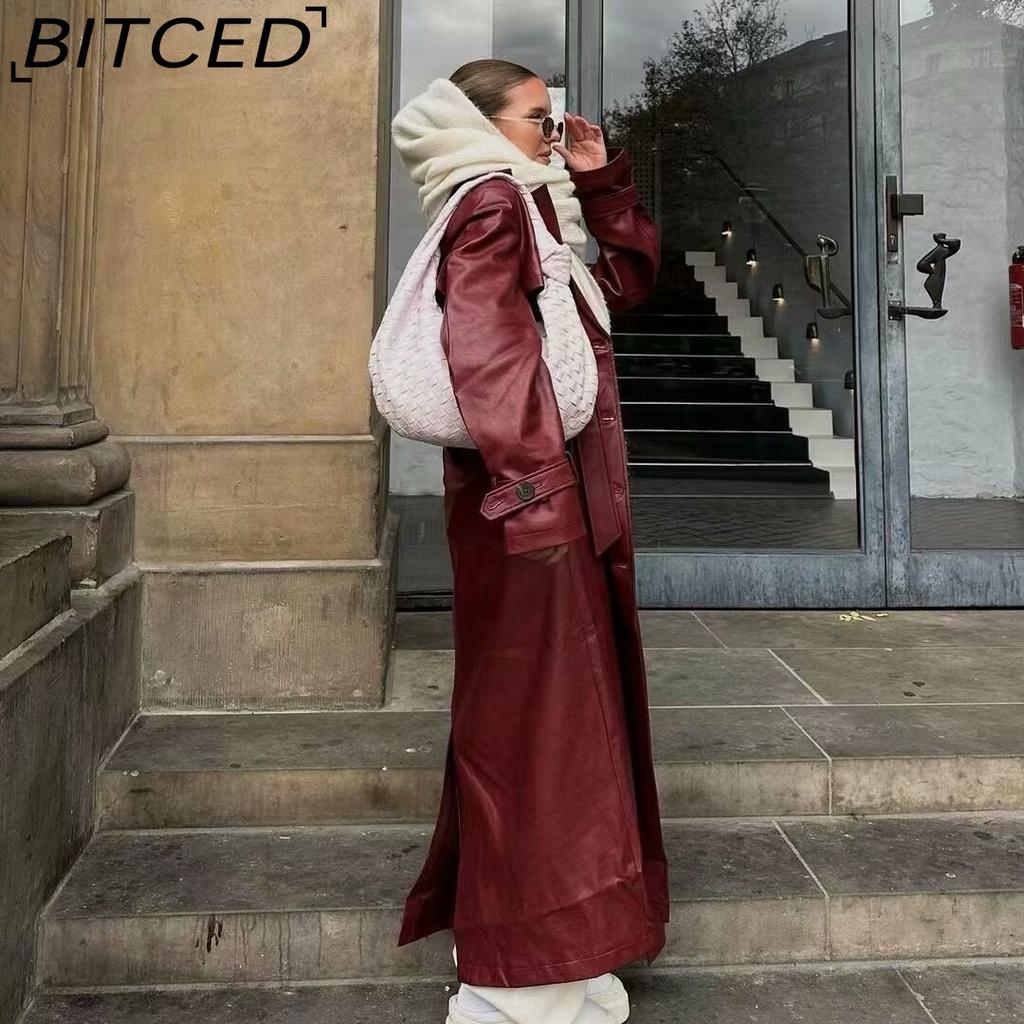 BITCED Women's Spring/Autumn Plus Size Oversized Casual Fashion Long Leather-Style Trench Coat