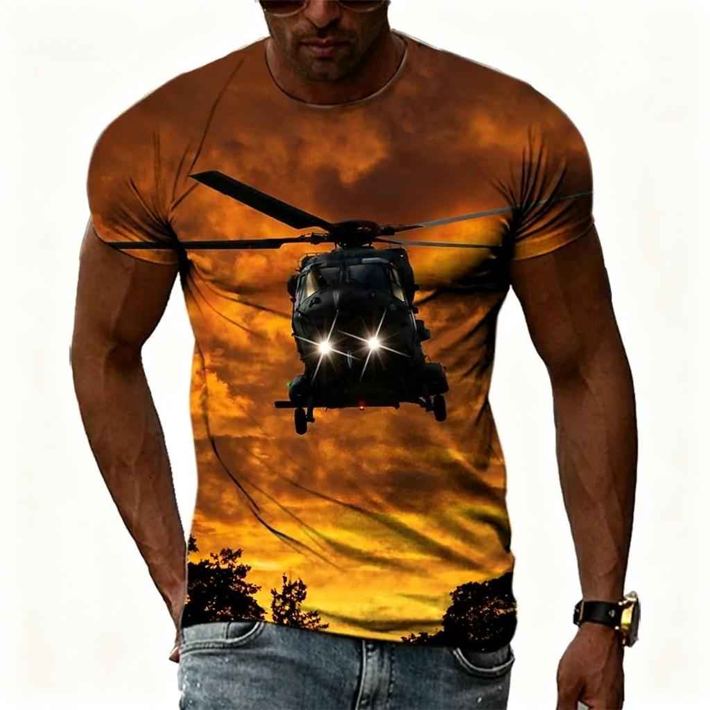 Summer Round Neck 3D Helicopter Pattern Print Top Fashionable Casual Short Sleeved Men's T-shirts