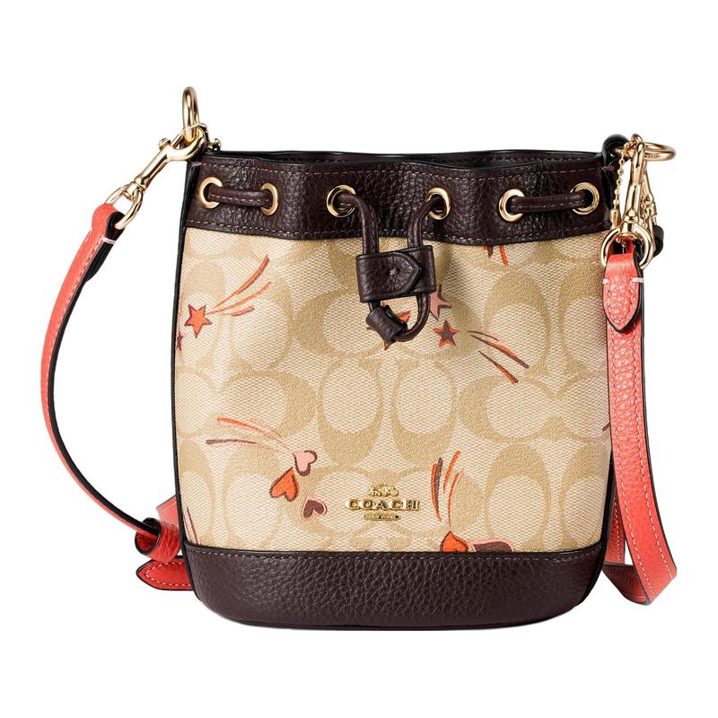 Coach Shoulder Bag Bucket 16 Letter Logo Nameplate Heart Print Drawstring Classic Jacquard Leather Bucket Handbag Small Women's Beige and Dark Brown