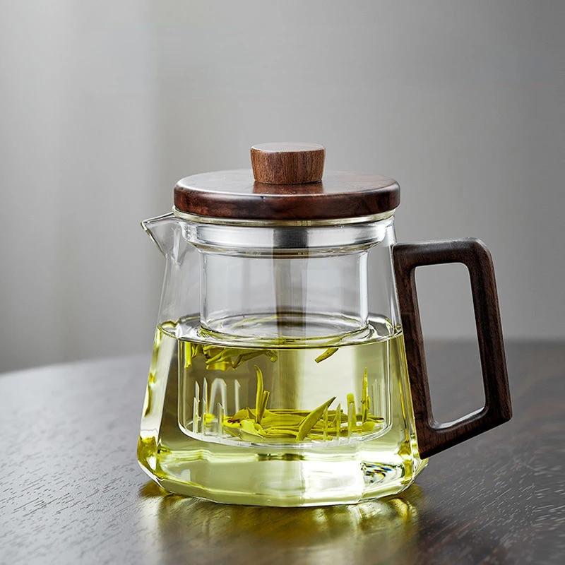 500/800ml Thickened and Heat-resistant Glass Teapot Brewing Tea Set with Wooden Lid Tea Strainer