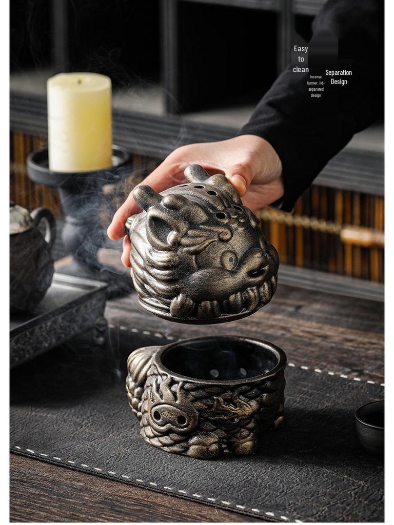Zen Pagoda Ceramic Incense Burner - Aromatherapy Ornament for Office or Home, Black Pottery Holder for Sandalwood Incense.