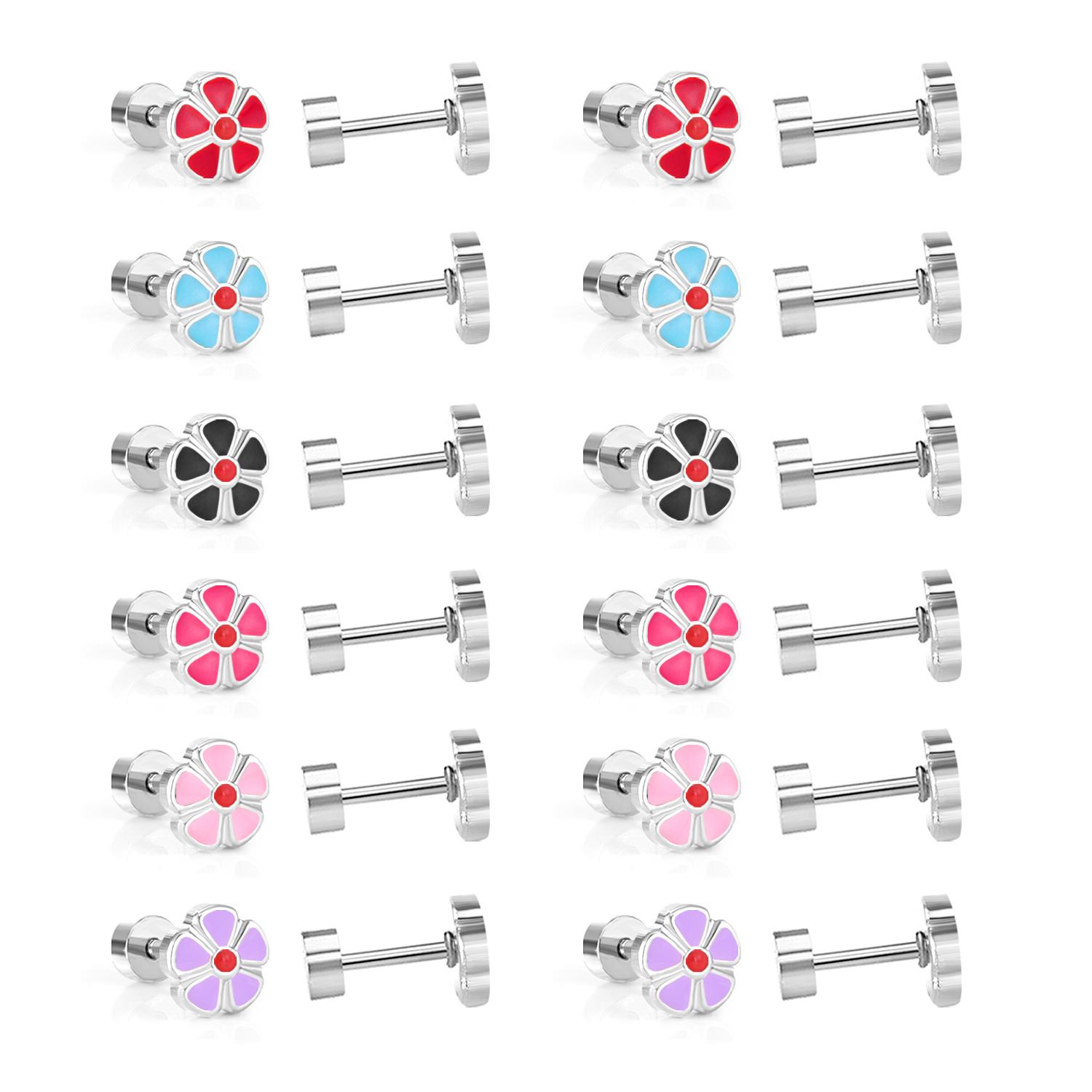 

Новый стиль 12 пар 6,5 мм стального цвета с цветком, смешанный цвет, серьги-вкрутки, нержавеющая сталь, милые, сладкие, женские украшения, подарок