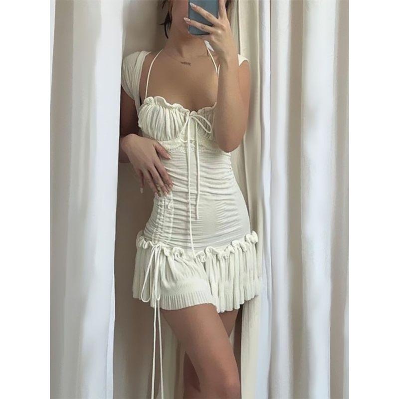 French Style Pleating Bubble Ruched Dress Ins Fancy Square Collar Lace Up Sexy Skirt