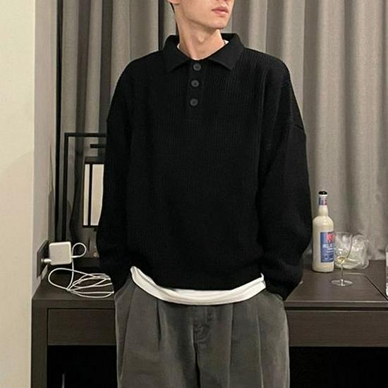 Men's Oversized Polo Collar Knit Sweater - Solid Color, Korean Style, High-Grade Lapel Sweater