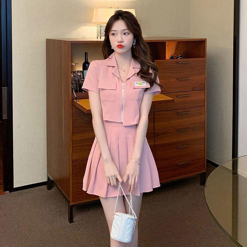 

2026 Summer Korean Style Fashion: Youthful Two-Piece Set with Short Sleeve Top & Pleated Skirt for Women M (95-105 lbs)