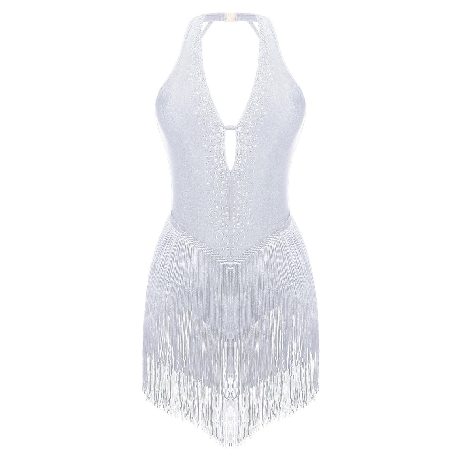 

Жіночий леотард для латиноамериканських танців з китицями зі стразів, з глибоким V-подібним вирізом, відкритий на спині, боді з бахромою, костюм для сценічних виступів XXL білий