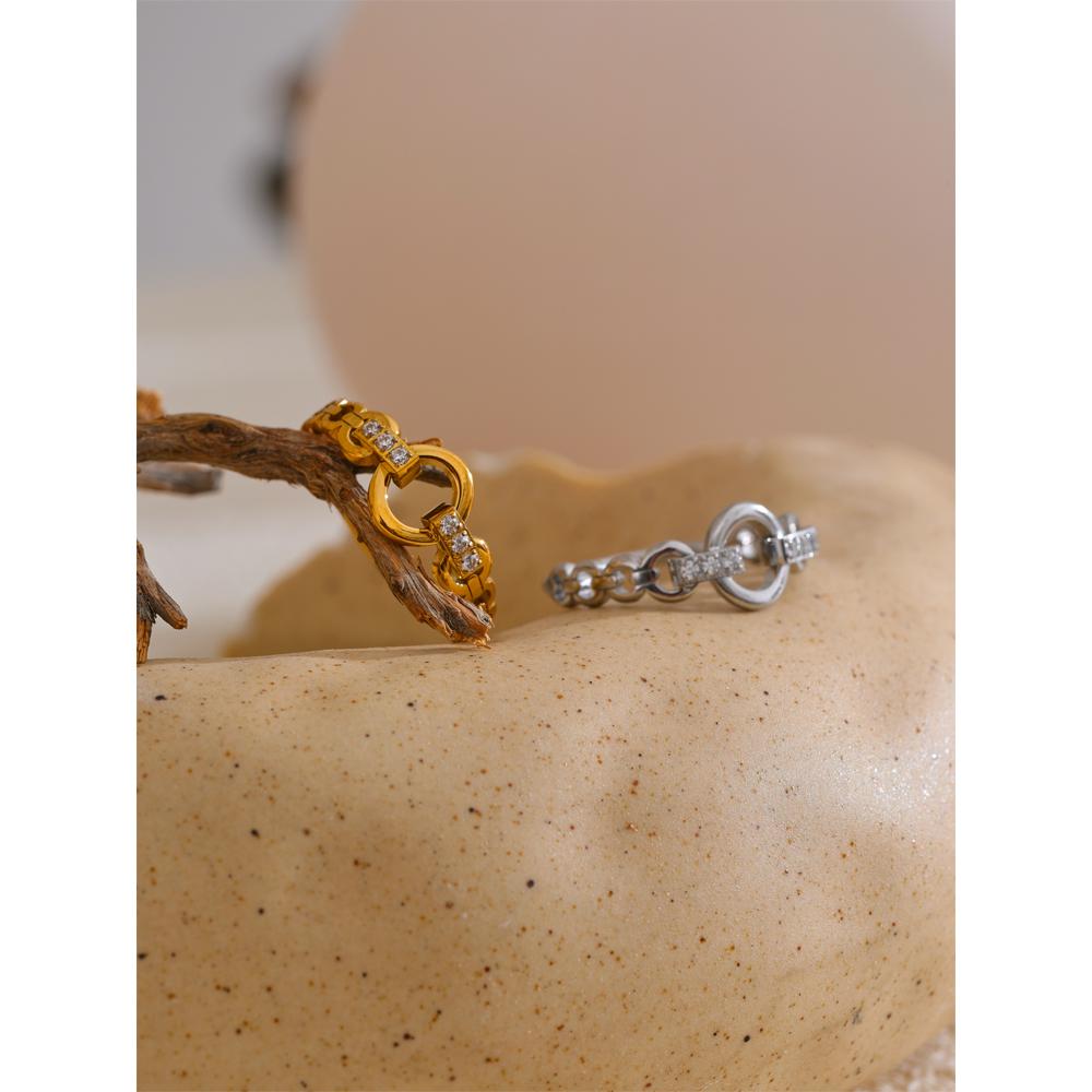 Yhpup 678# High Quality Stainless Steel Cubic Zirconia Setting Link Finger Ring Exquisite Stylish Jewelry Daily Gift for Self