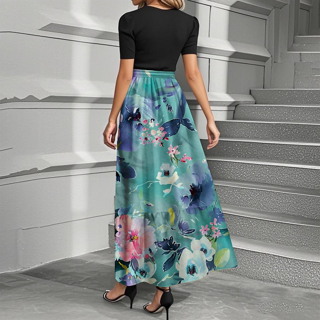 Women's Fashion Casual Belt Short Sleeve Round Neck Floral Stitching Elegant Temperament Dress