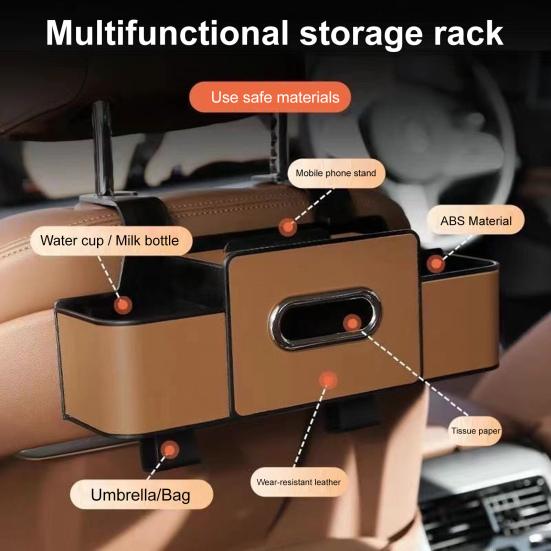 3-in-1 Car Backseat Organizer Multifunctional Back Seat Storage Box with 2 Cup Holders Tissue Box And Hooks for Holding Phones Snacks Drinks Handbags