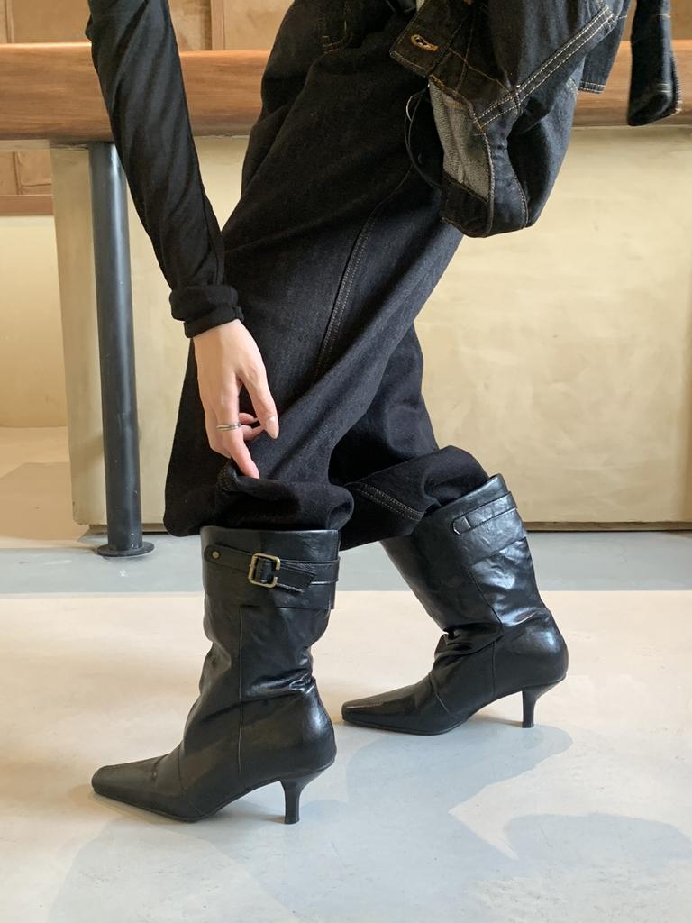 Autumn and winter new fashion pointed tip fine heel pleated piled boots women's folding medium tube wide tube fashion boots