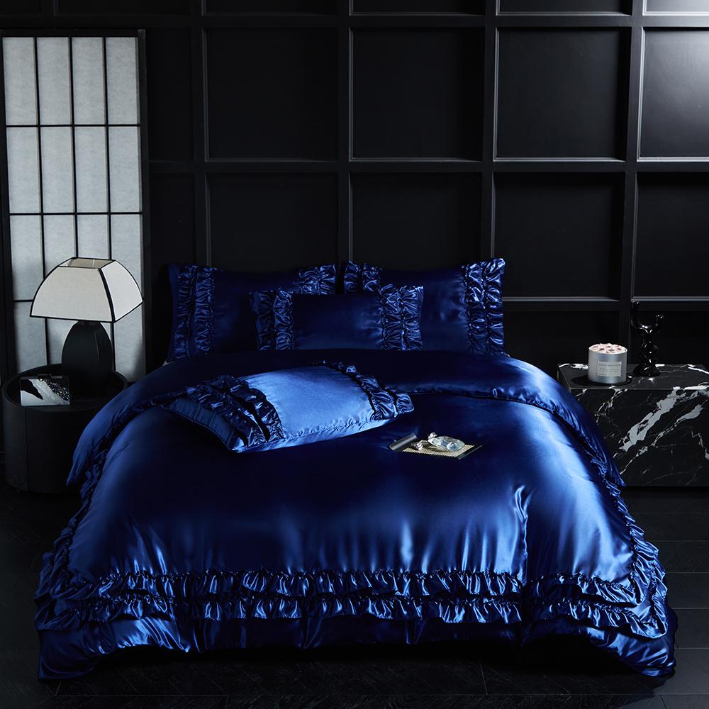 Luxury Satin Double-Layered Ruffles Duvet Cover Set Queen Soft Silky Blanket Cover And Pillowcases Skin-Friendly Quilt Cover
