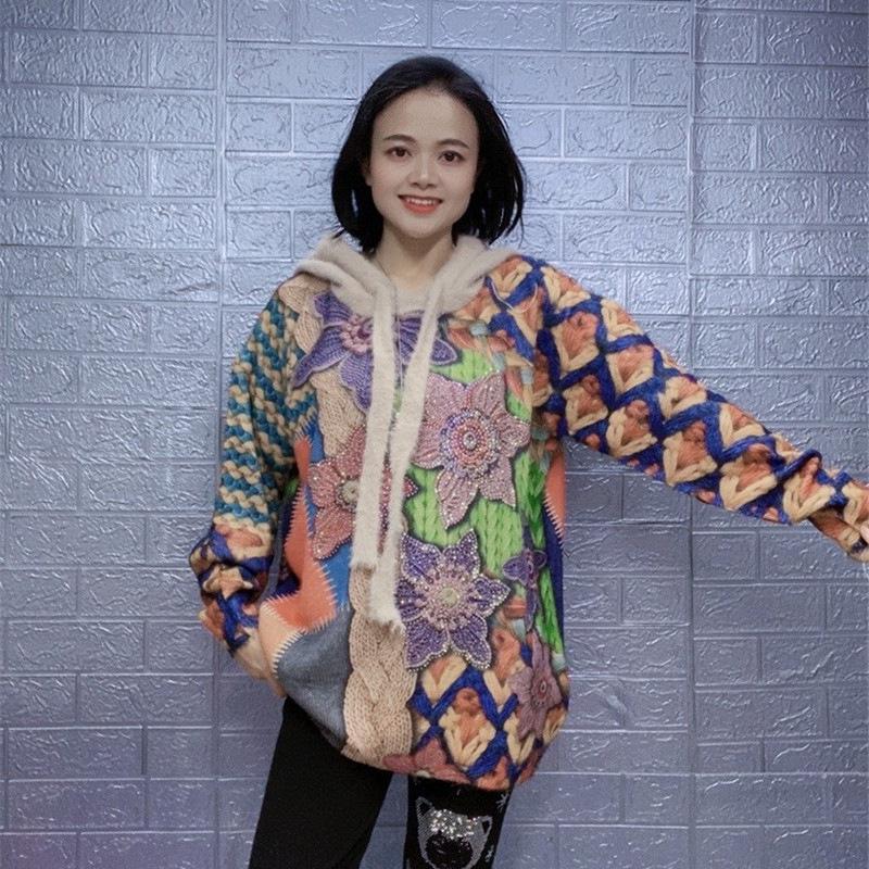 2023 European Plus Size Mink Velvet Rhinestone Hooded Sweater - Women's Loose Trendy Top